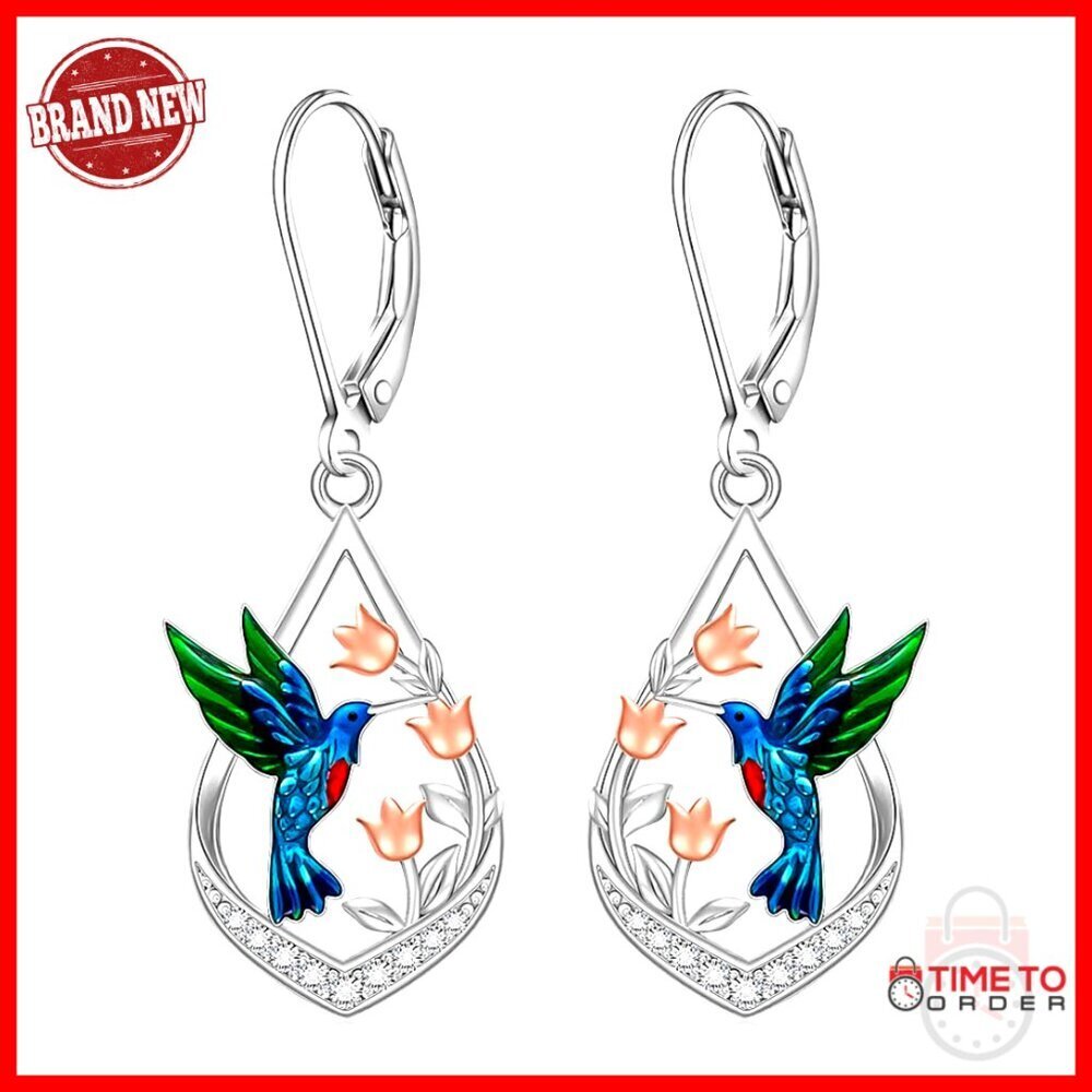Sterling Silver Hummingbird Dangle Earrings, Lever Back, 0.63x0.83 Inches